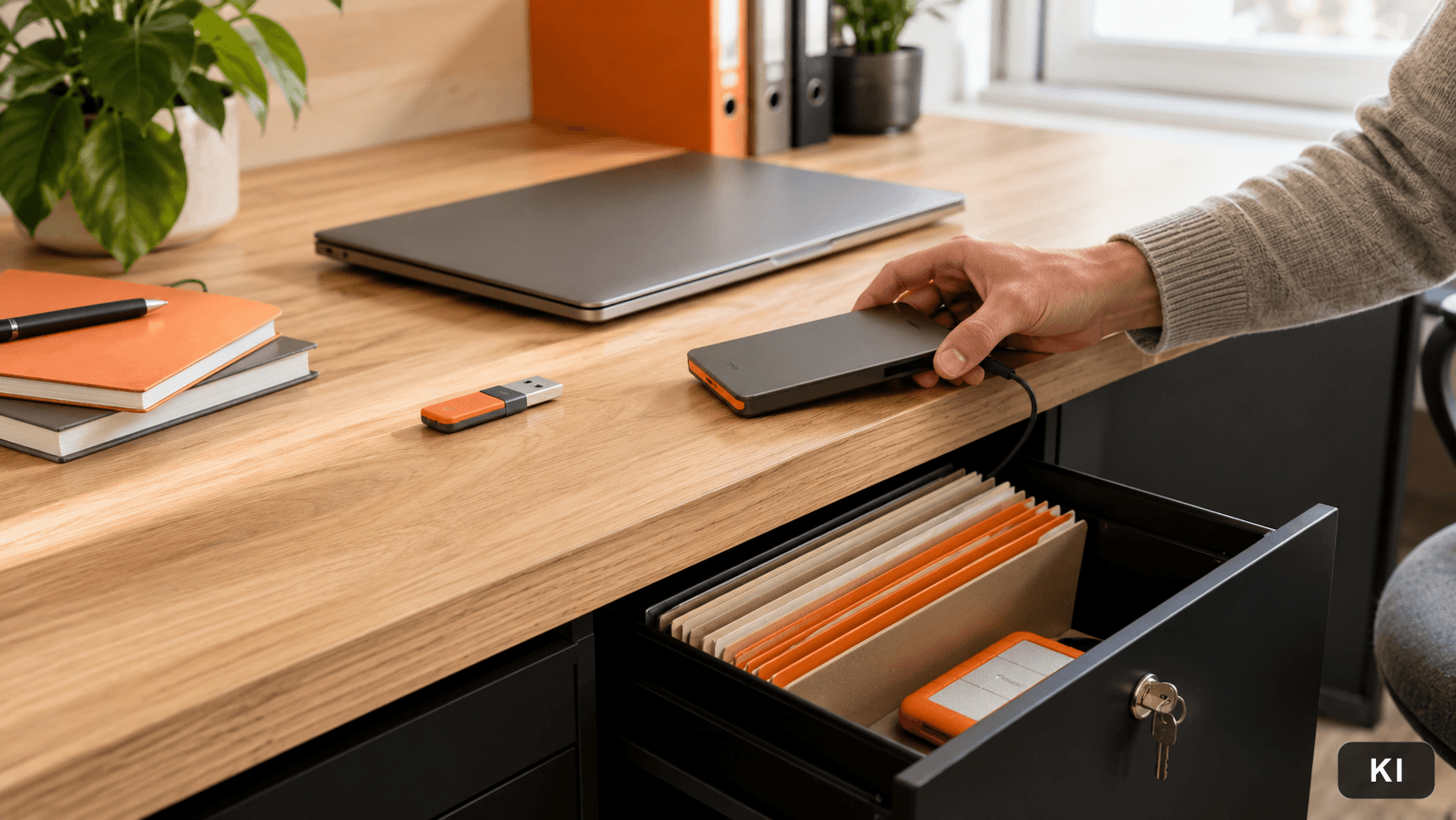 Hand legt eine externe SSD in eine abschließbare Schreibtisch-Schublade neben USB-Stick und Laptop: Daten liegen lokal, Backups und Exporte unter eigener Kontrolle