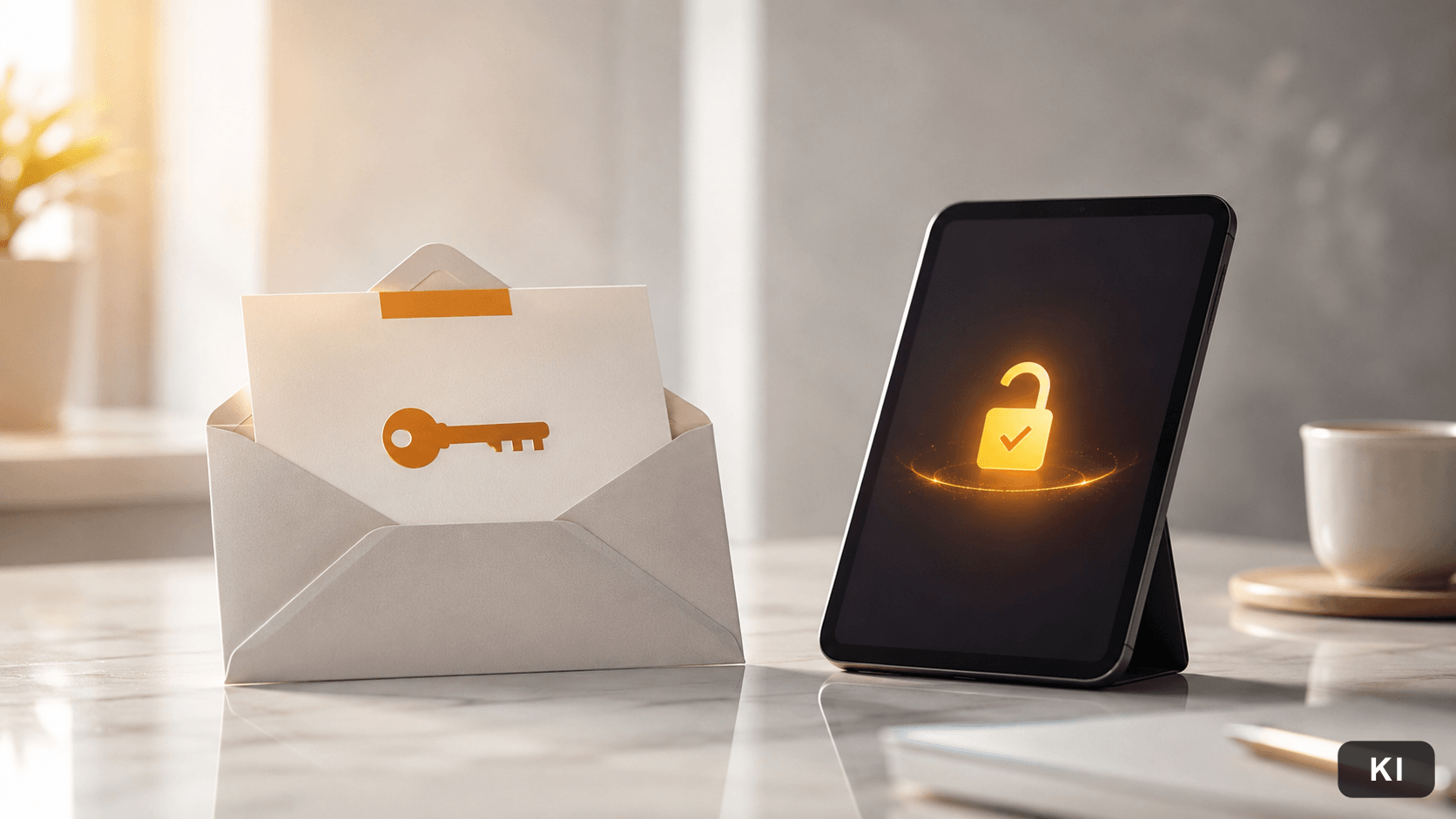 Offener Brief mit Schlüssel-Symbol neben einem Tablet mit entsperrtem Schloss und Haken: Lizenzschlüssel per E-Mail, danach in der App aktivieren