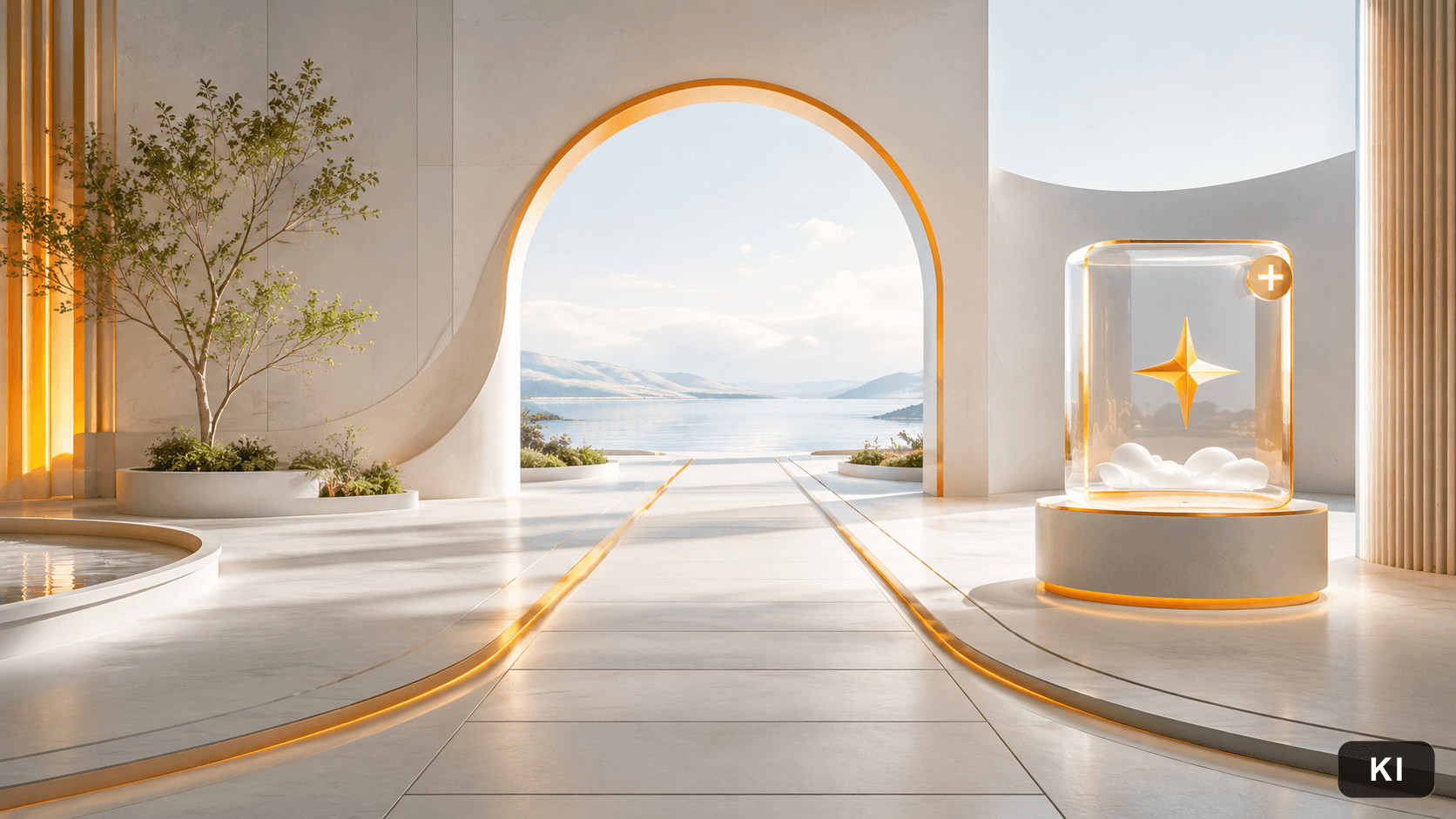 Heller Raum mit Bogen und Seeblick, daneben eine Glasvitrine mit goldenem Stern-Symbol: Premium ergänzt als Komfort, ist aber kein Muss