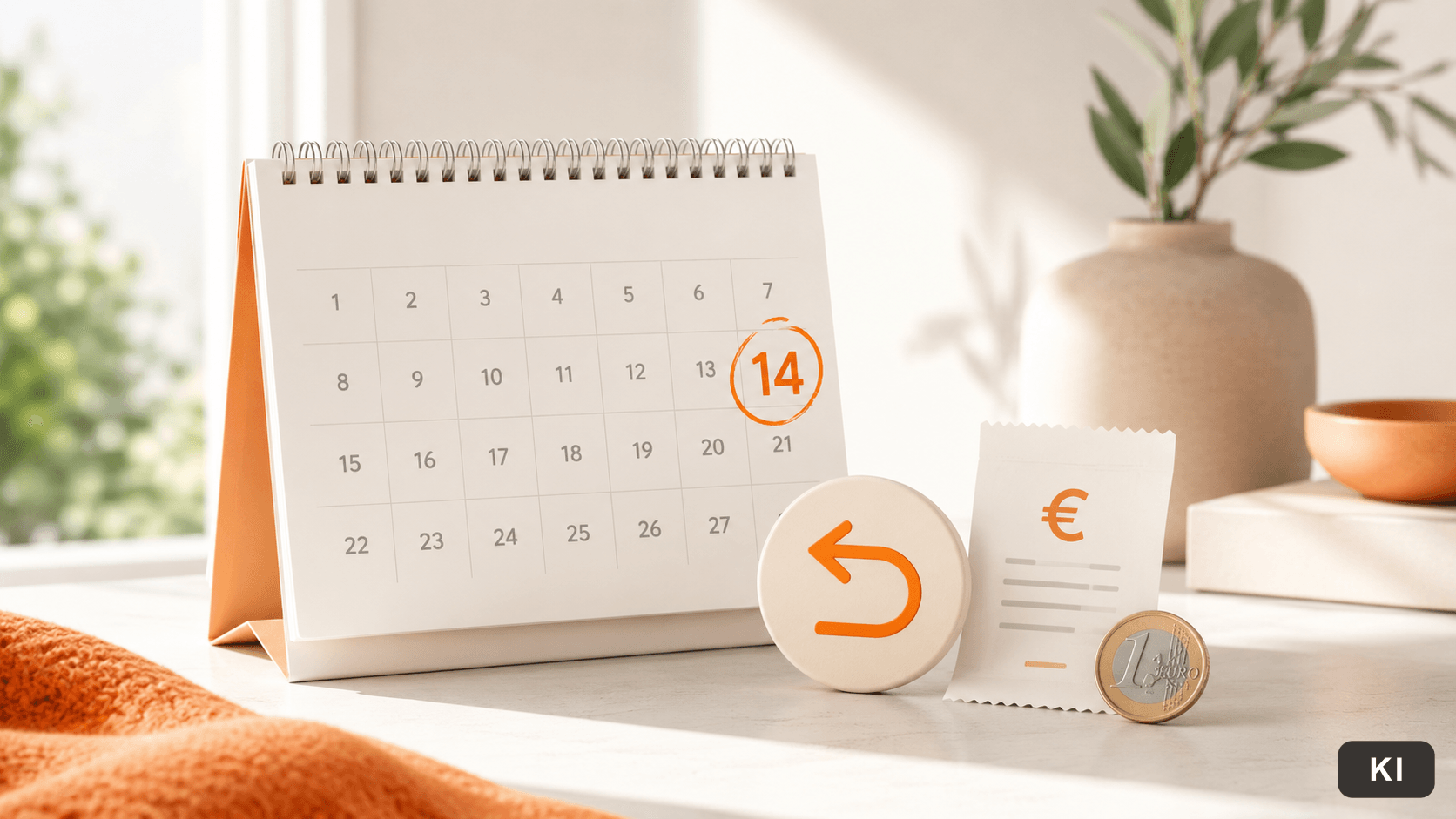 Tischkalender mit eingekreistem Tag 14, Zurück-Pfeil, Kassenbon mit Euro-Zeichen und Euro-Münze: 14-Tage-Geld-zurück-Garantie