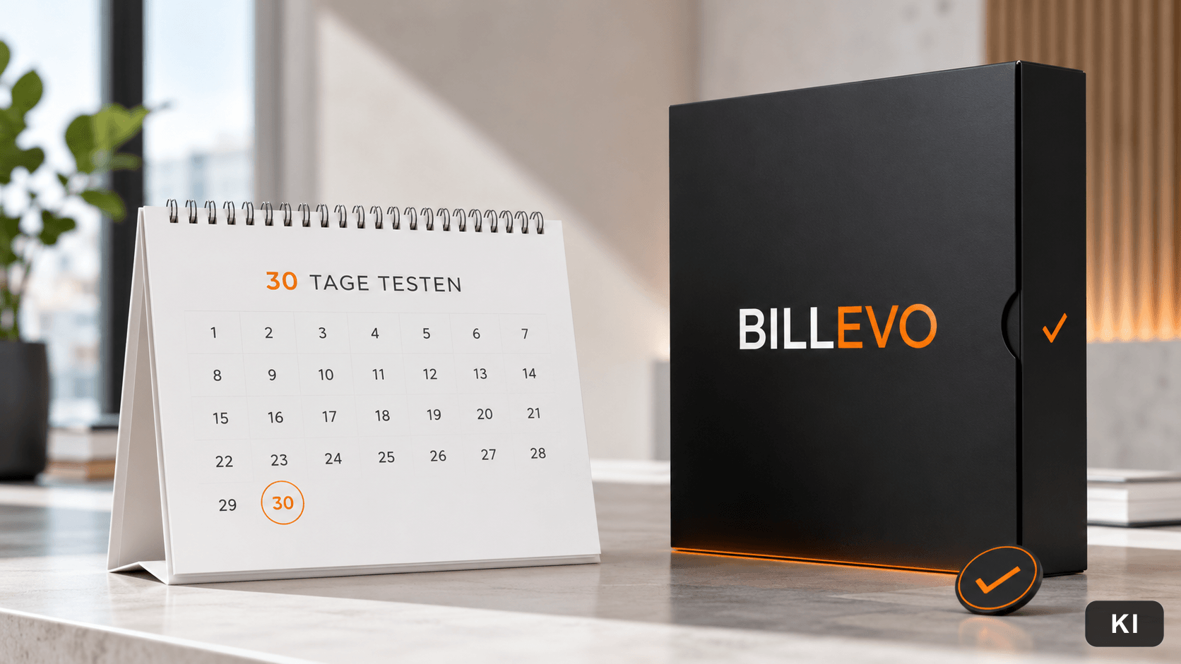 Tischkalender mit Überschrift '30 Tage testen' und eingekreistem Tag 30 neben einer schwarzen BILLEVO-Box mit Häkchen: 30 Tage testen, danach einmalig kaufen