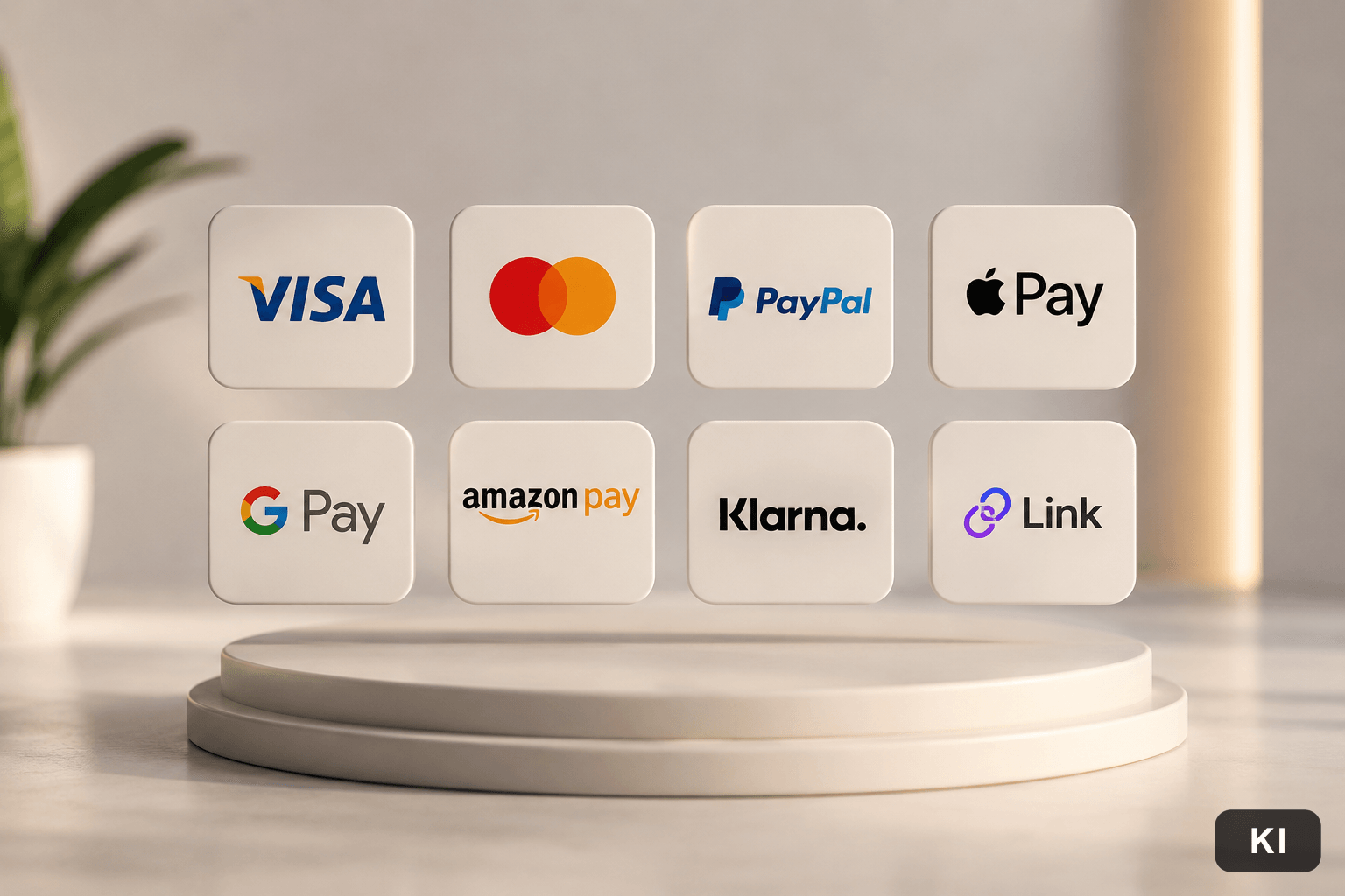 Bezahlmethoden über Stripe: Visa, Mastercard, PayPal, Apple Pay, Google Pay, Amazon Pay, Klarna und Link