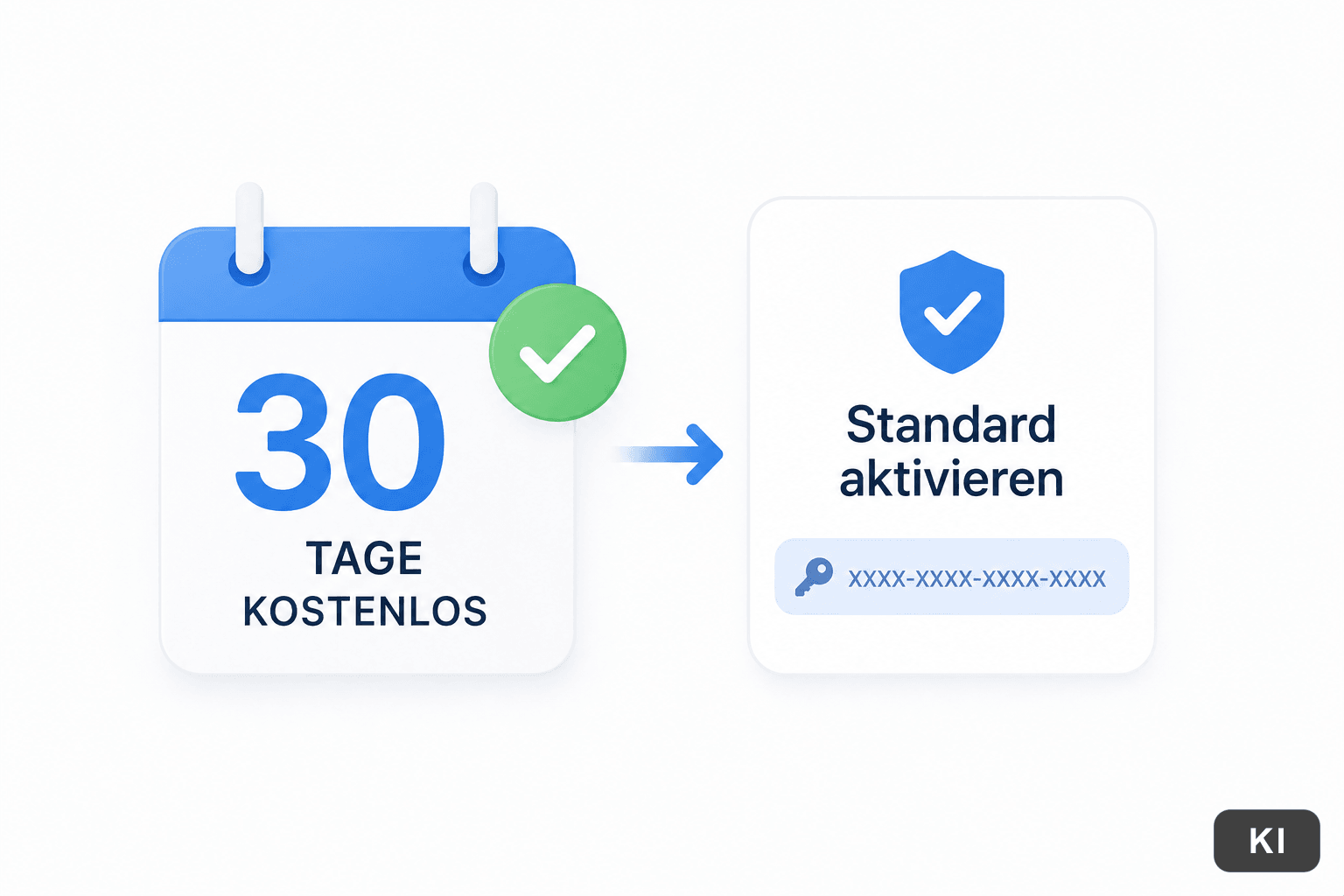 30 Tage kostenlos testen, danach mit Lizenzschlüssel als Standard aktivieren