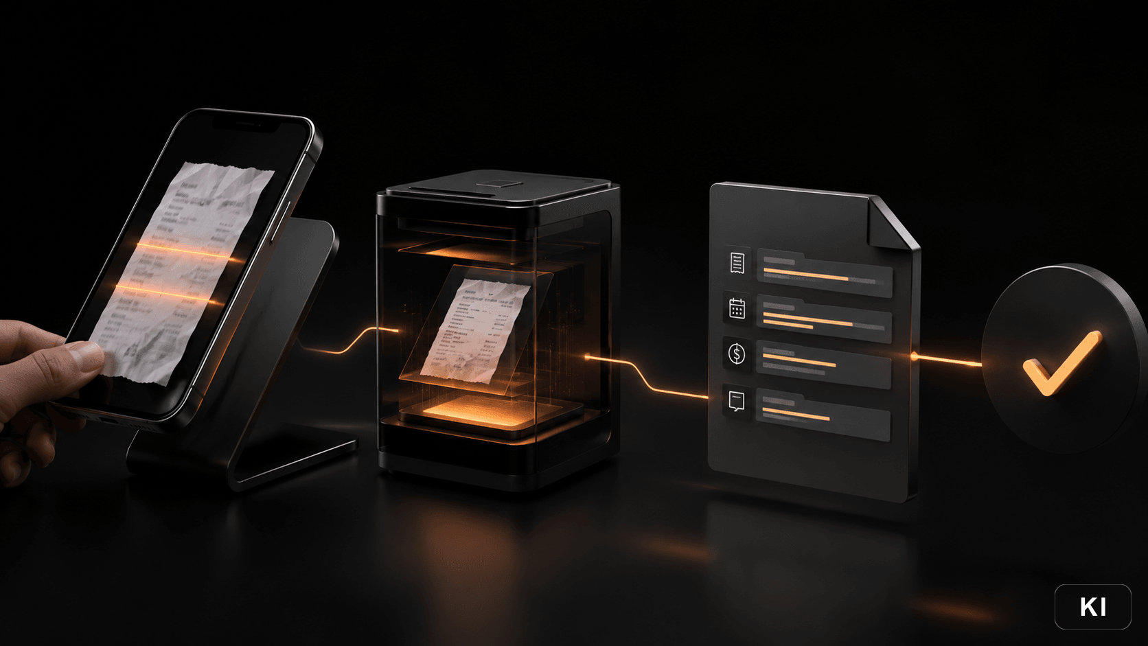 Beleg per Smartphone scannen: aus dem Foto eines Kassenbons werden im Scanner automatisch strukturierte Daten (Belegart, Datum, Betrag und Notiz) als geprüfter Datensatz extrahiert, 3D-Visual zum Belegimport