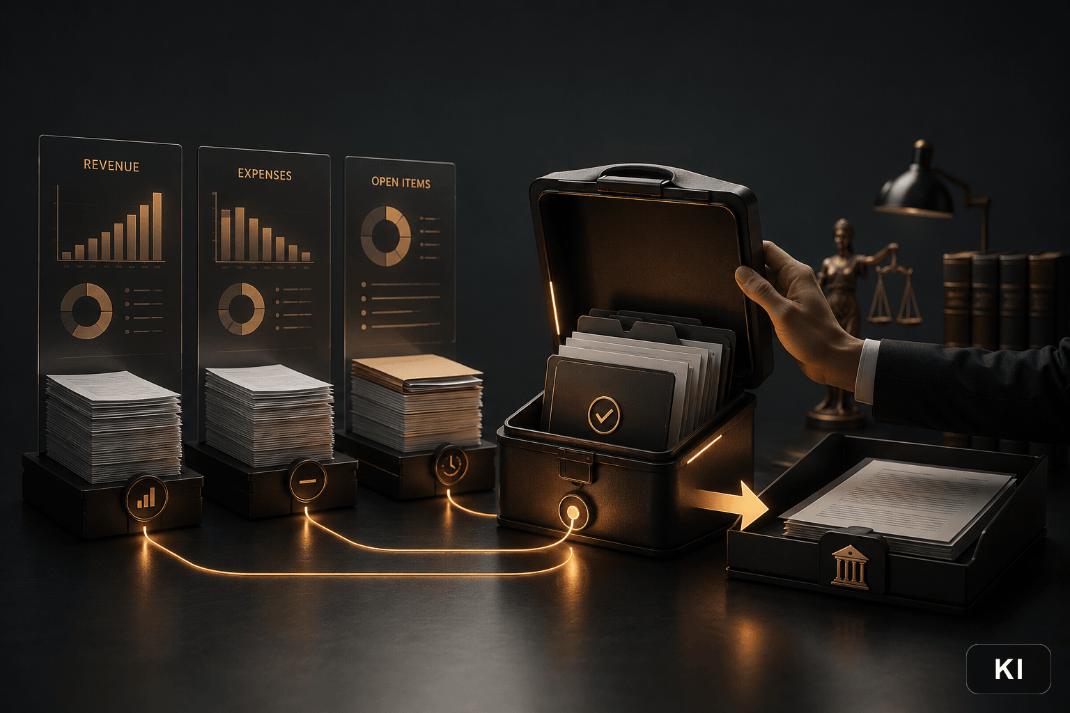Berichte zu Umsatz, Ausgaben und offenen Posten fließen über ein geprüftes Archiv zum DATEV-Export an den Steuerberater, 3D-Visual mit Diagrammen, Belegstapeln und Behörden-Symbol