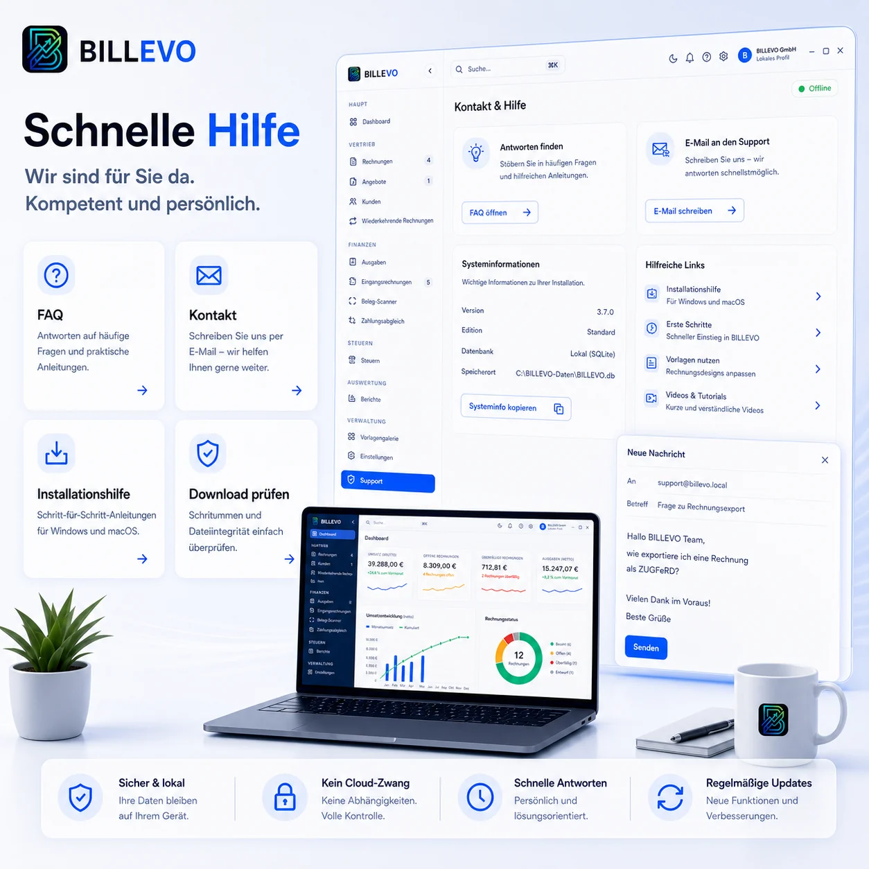 BILLEVO Hilfe, FAQ, Kontakt und Installationshinweise als strukturierte Support-Karten