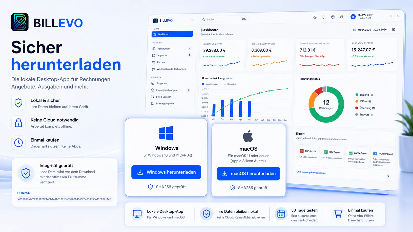 BILLEVO Download f&uuml;r Windows und macOS mit transparentem Plattformstatus