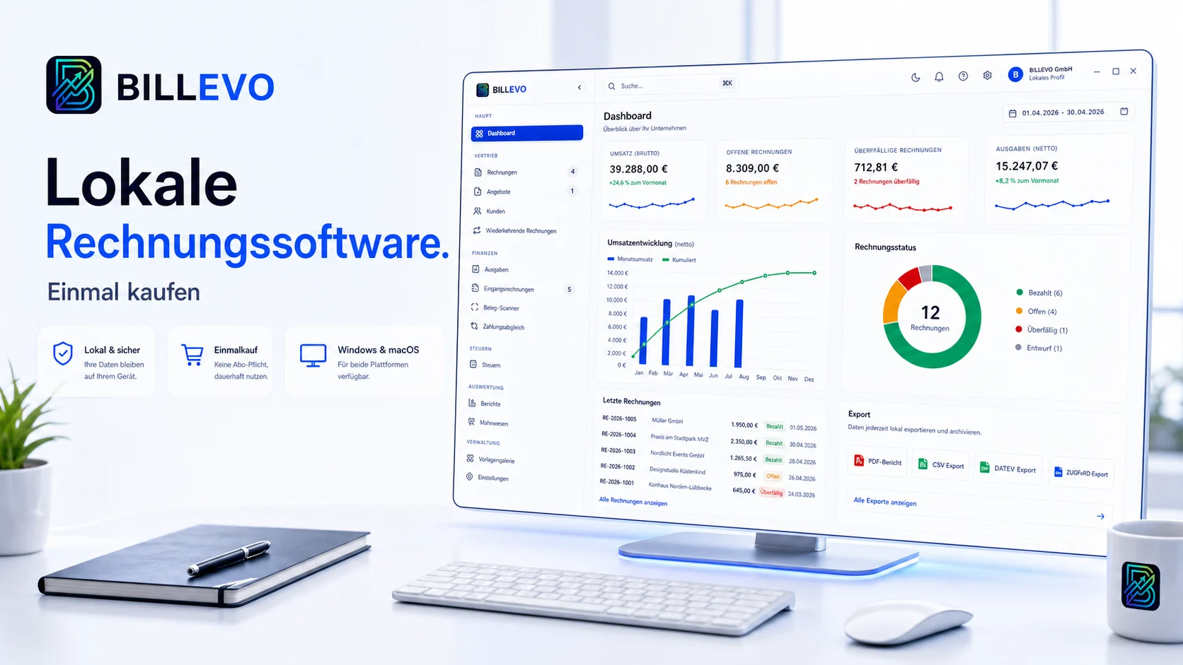 BILLEVO Standard Desktop-App mit Dashboard, Sidebar und Reports