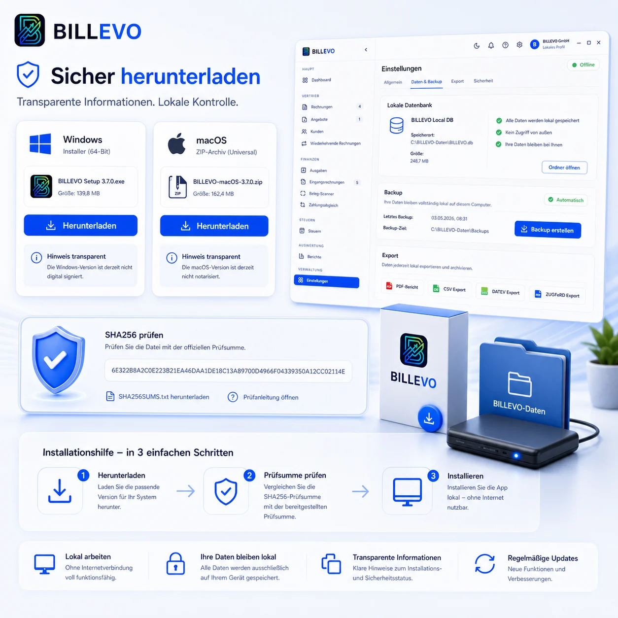 BILLEVO Installationshilfe mit offiziellem Download, SHA256-Pr&uuml;fung und Plattformhinweisen