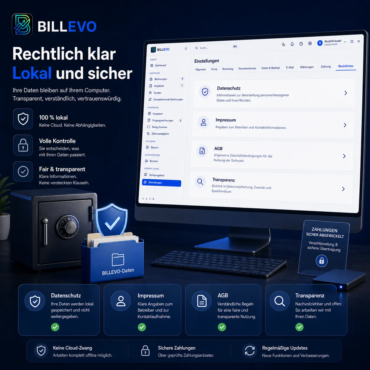 BILLEVO Vertrauen, lokale Datenhaltung und transparente rechtliche Informationen