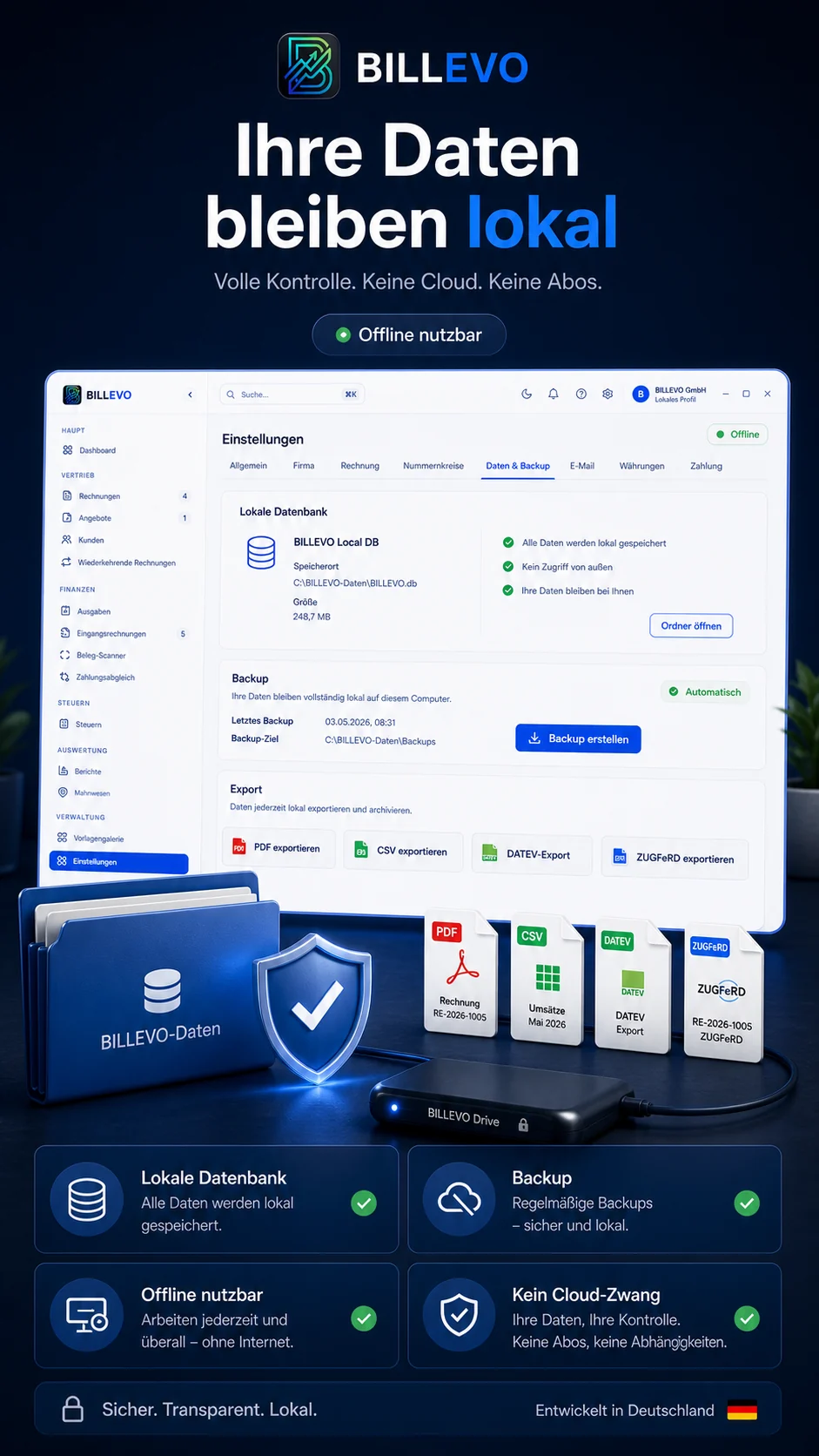 BILLEVO lokale Datenhaltung mit Backup, Ordnerstruktur und Exporten