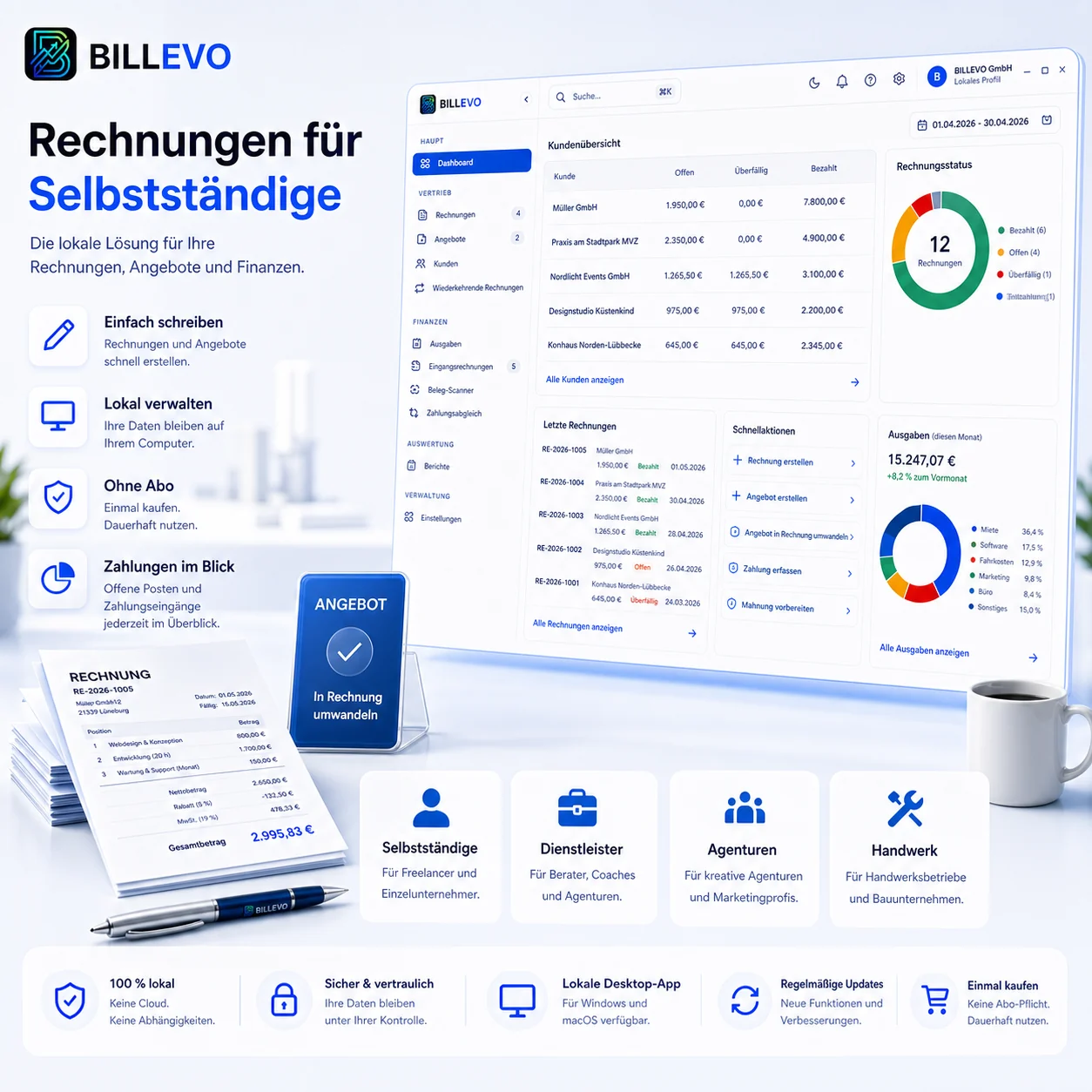 BILLEVO Rechnungssoftware f&uuml;r Selbstst&auml;ndige, Dienstleister, Agenturen und Handwerk