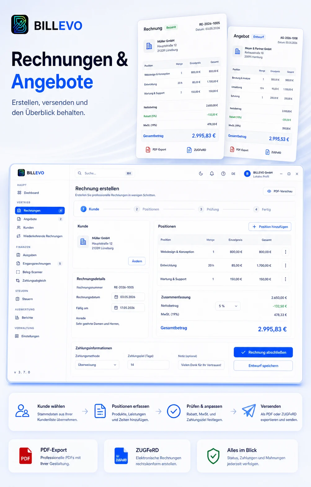 BILLEVO Workflow f&uuml;r Rechnungen, Angebote, PDF-Ausgabe und lokalen Belegimport