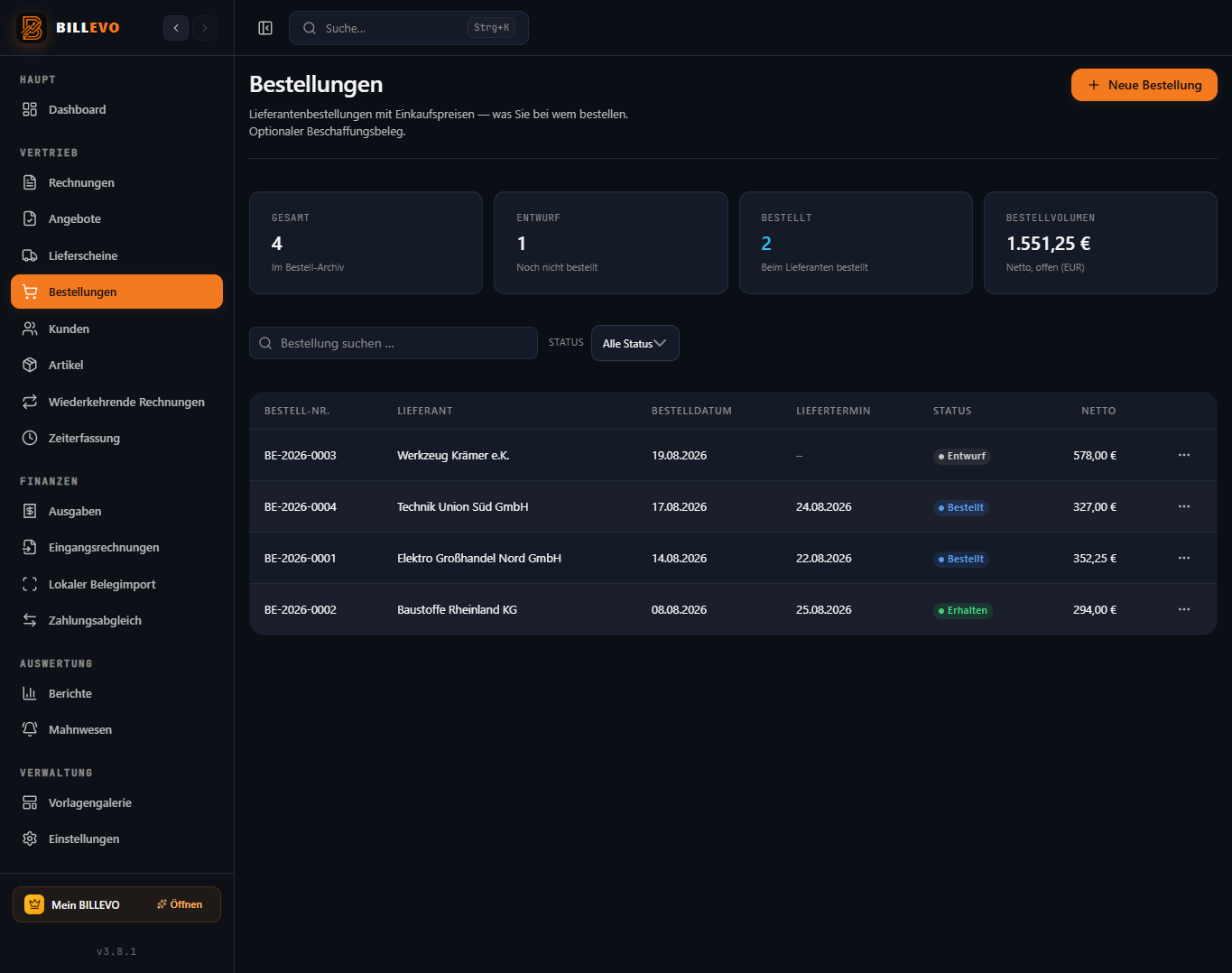 BILLEVO Bestellungen Screenshot