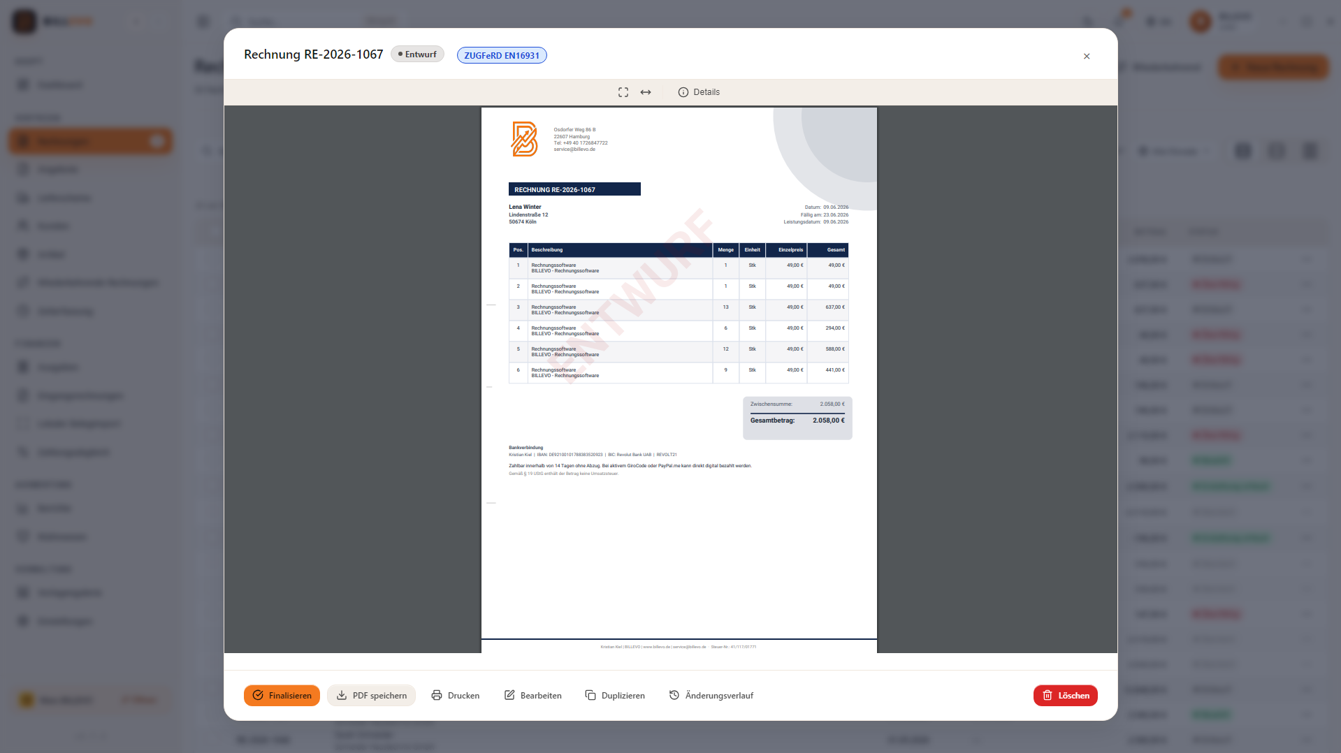 BILLEVO Dokumentvorschau Screenshot