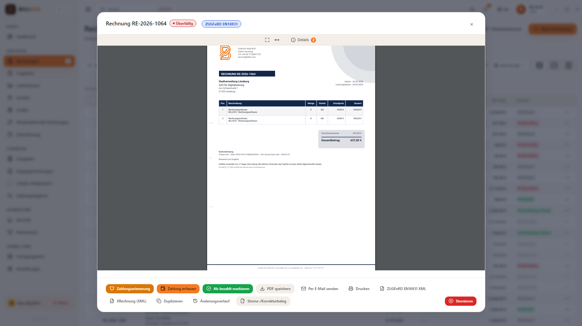 BILLEVO E-Rechnung mit XML-Bezug