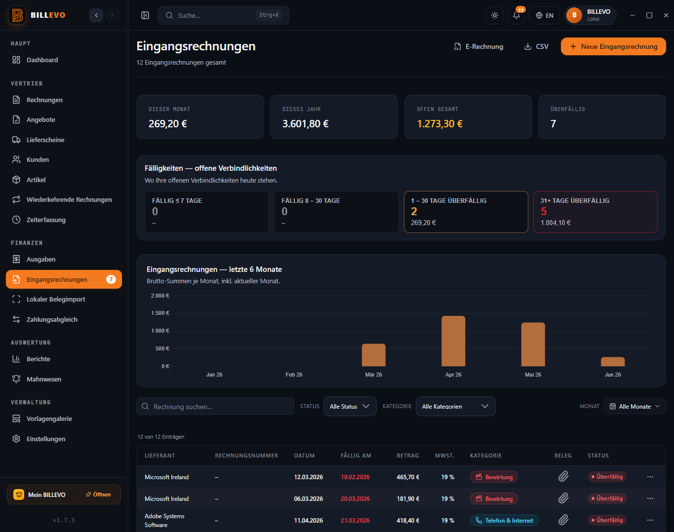 BILLEVO Eingangsrechnungen Screenshot