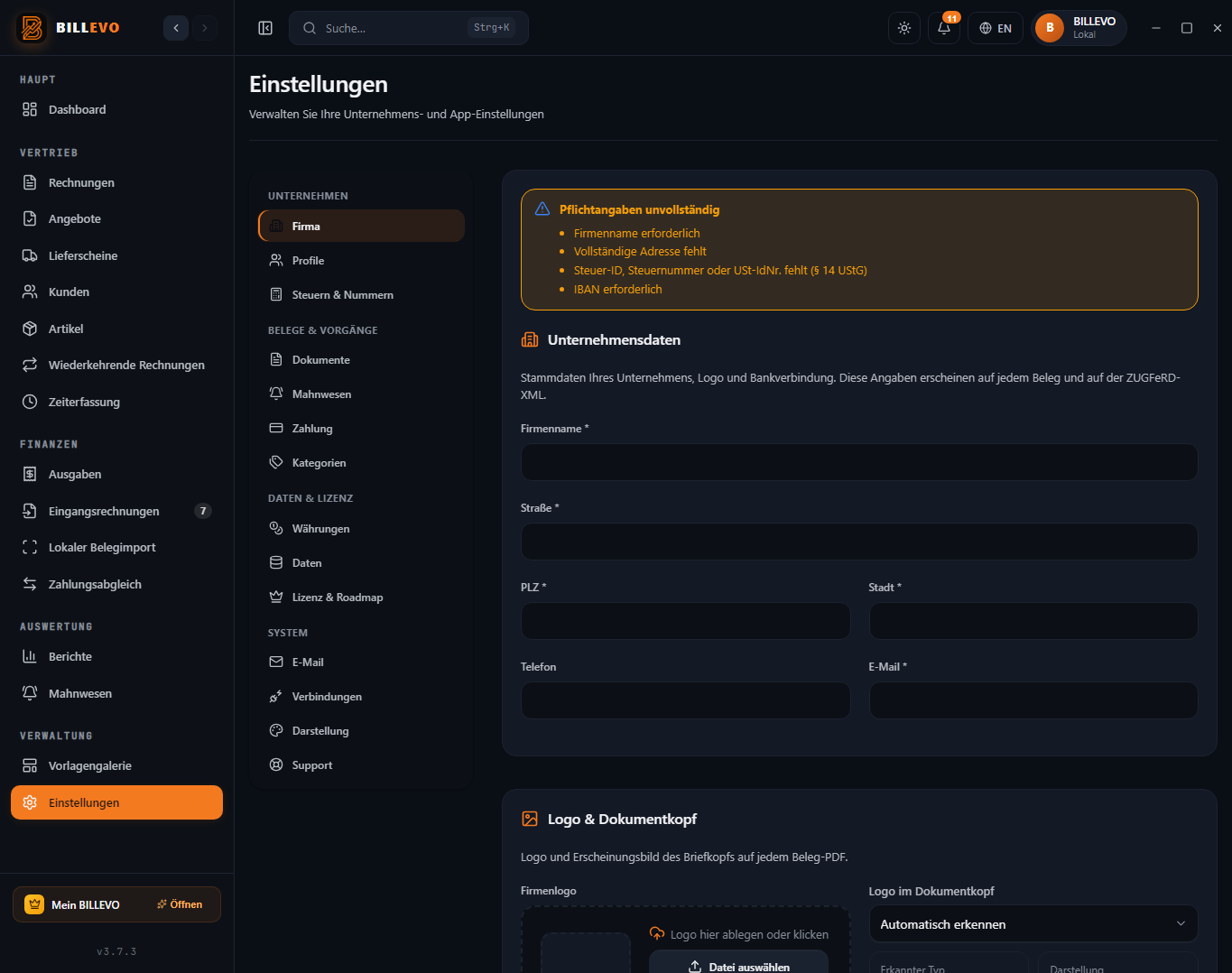 BILLEVO Einstellungen Screenshot
