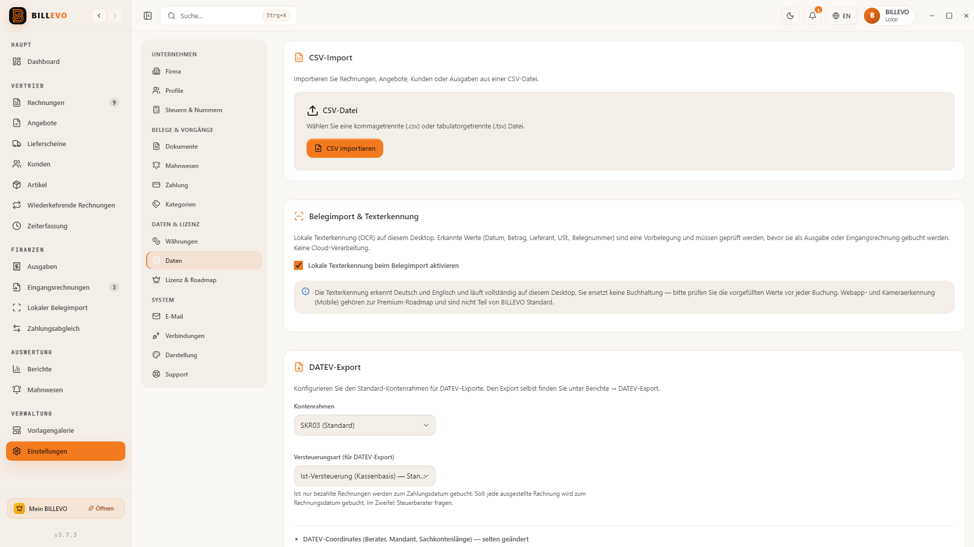 BILLEVO Import, Export und Backup