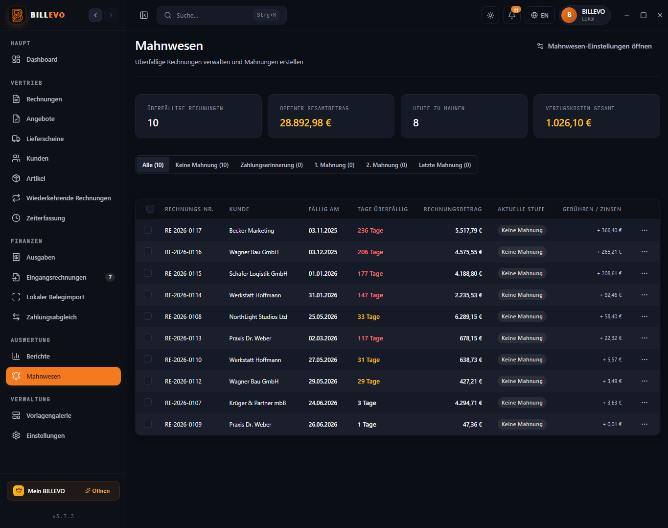 BILLEVO Mahnwesen Screenshot
